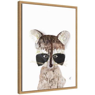 Framed canvas wall art print of a raccoon by Madeline Jeppesen in Walnut Brown frame