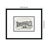 Monochrome sketch of Venice showing a gondola on water in front of an arched bridge with buildings in the background, framed with a black border and white mat.