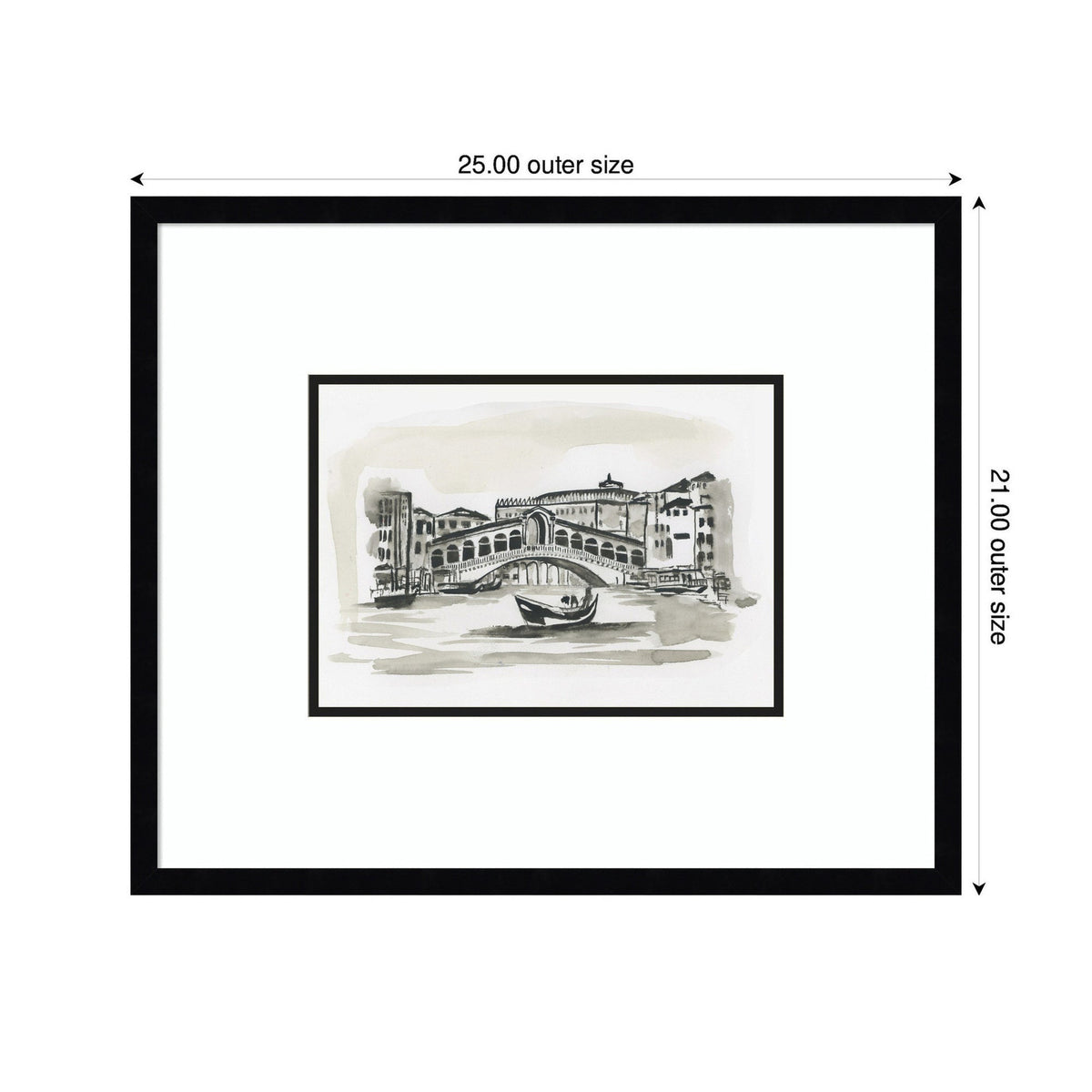 Monochrome sketch of Venice showing a gondola on water in front of an arched bridge with buildings in the background, framed with a black border and white mat.
