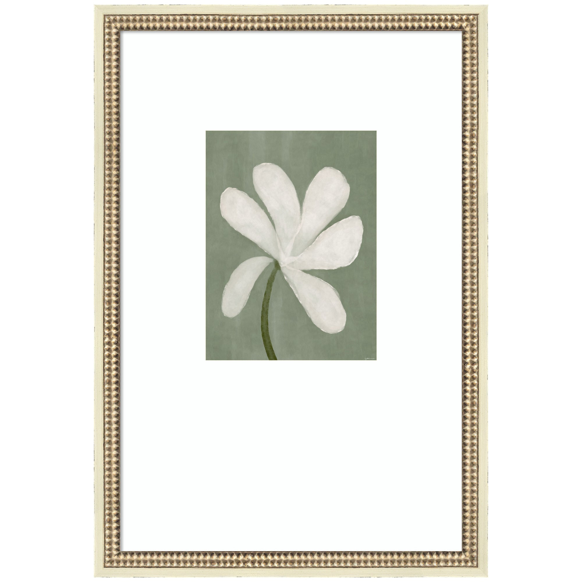 White Floral by Gabrielly Guedes, framed wall art print with botanical white flowers on black background, in Castellan Distressed White frame