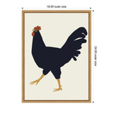 Silhouetted black rooster with red comb and wattle wearing round glasses, set against a beige background framed in light wood, sized 18 by 24 inches.