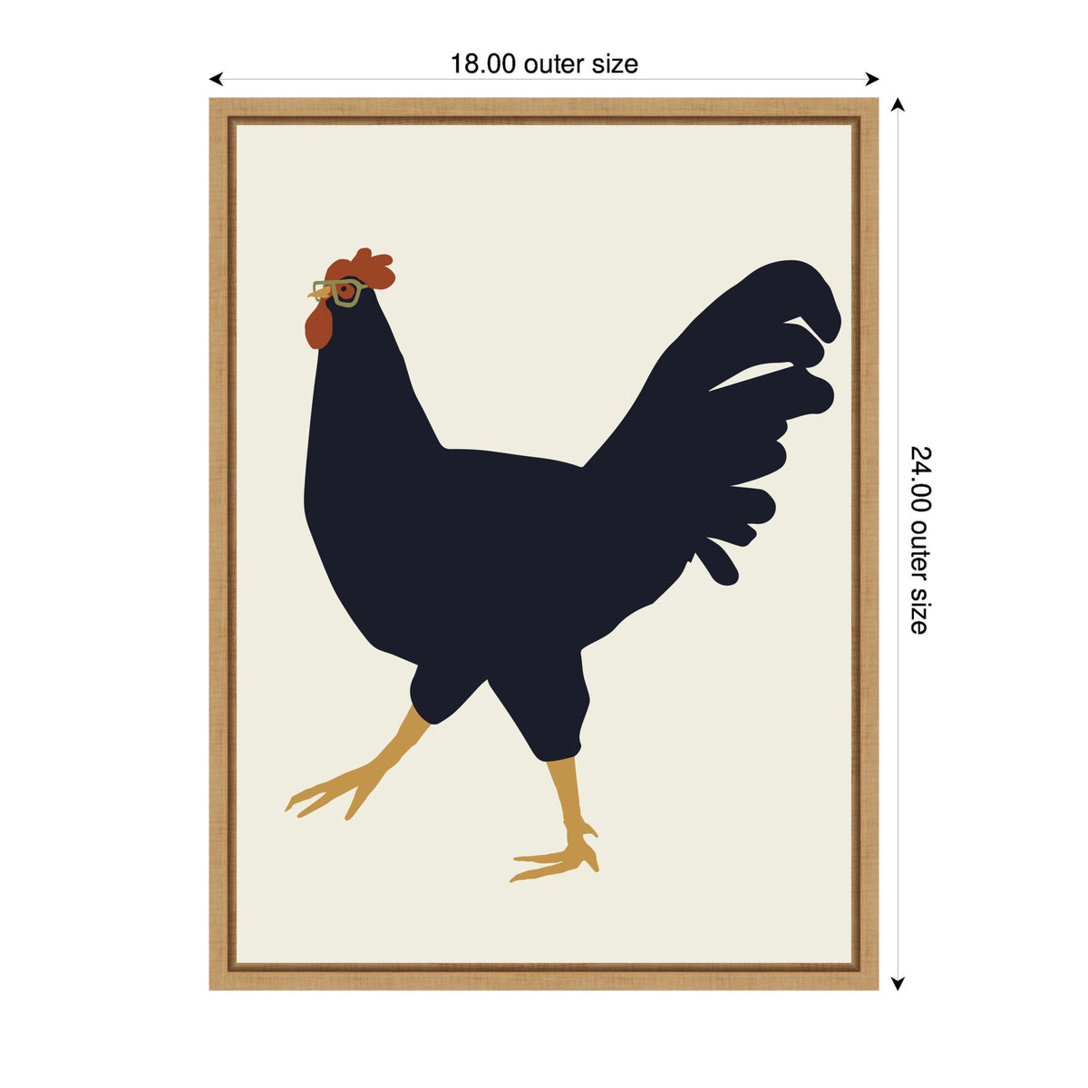 Silhouetted black rooster with red comb and wattle wearing round glasses, set against a beige background framed in light wood, sized 18 by 24 inches.