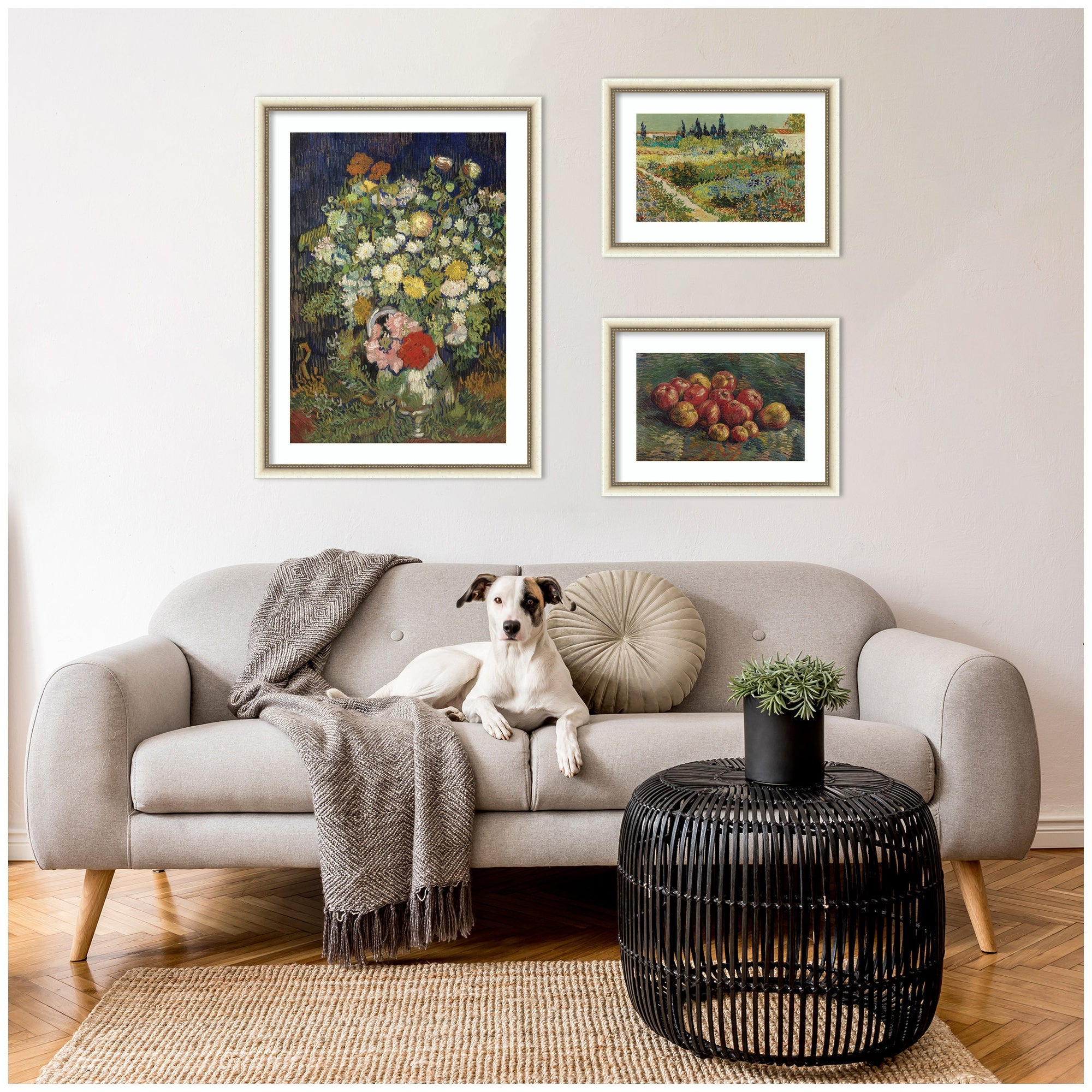 Apples 1887, Bouquet of Flowers in a Vase 1890, & Garden at Arles by Vincent Van Gogh 3 Piece Framed Wall Art Print Set