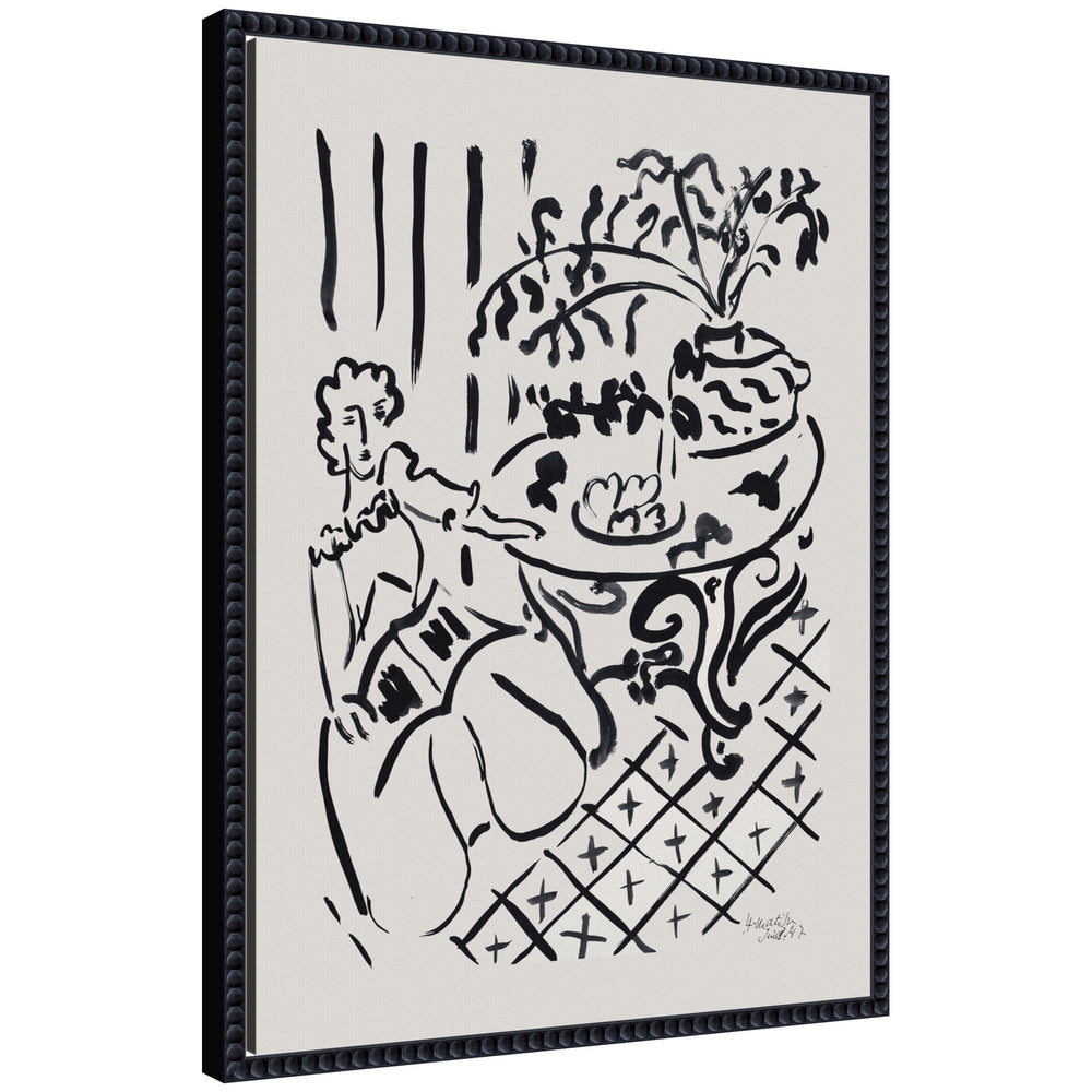 Framed canvas wall art of Henri Matisse's Fille assise a table 1947 showing a seated girl at a table, styled with abstracted shapes and warm colors in Sylvie Beaded frame