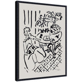 Framed canvas wall art of Henri Matisse's Fille assise a table 1947 showing a seated girl at a table, styled with abstracted shapes and warm colors in Sylvie Beaded frame