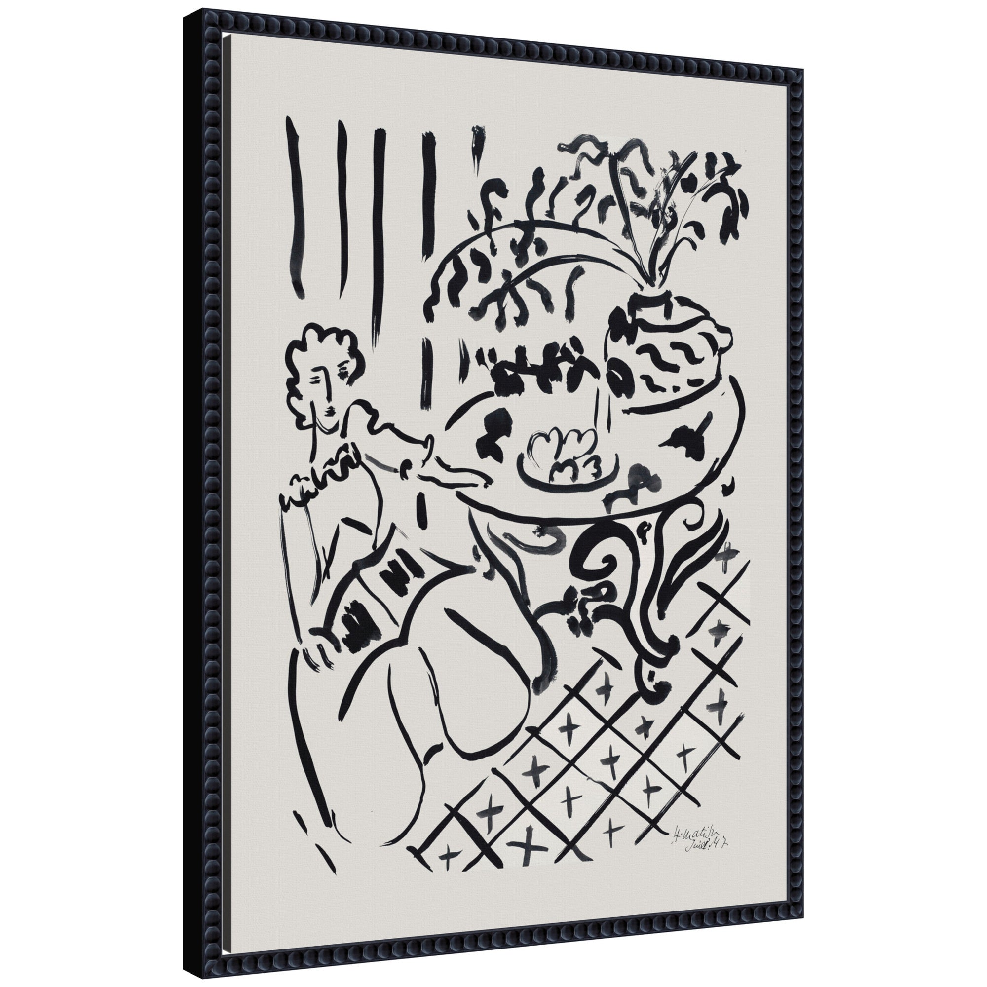 Framed canvas wall art of Henri Matisse's Fille assise a table 1947 showing a seated girl at a table, styled with abstracted shapes and warm colors in Sylvie Beaded frame