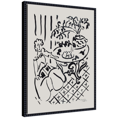 Framed canvas wall art of Henri Matisse's Fille assise a table 1947 showing a seated girl at a table, styled with abstracted shapes and warm colors in Sylvie Beaded frame