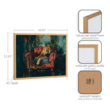 Portrait of a lion lounging on a red armchair with a dark, painterly background, framed in a natural oak wood frame with a gold finish.