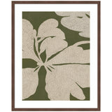 Abstract botanical print with beige organic leaf shapes textured with fine lines on an olive green background, framed in dark wood with white matting.