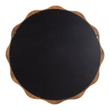 Back of a round scalloped wooden mirror frame with a black fabric panel and two metal hanging hooks on opposite sides.