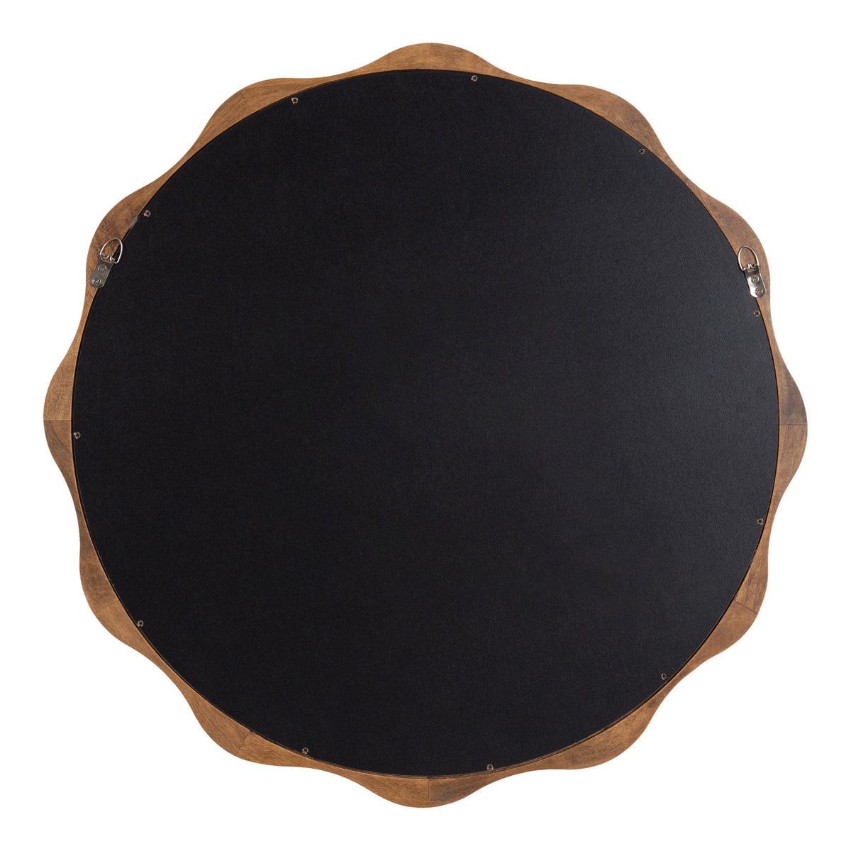 Back of a round scalloped wooden mirror frame with a black fabric panel and two metal hanging hooks on opposite sides.