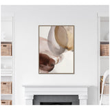 Abstract canvas wall art with overlapping translucent shapes in earthy tones of brown, beige, and gray, framed and hanging above a white fireplace mantel.