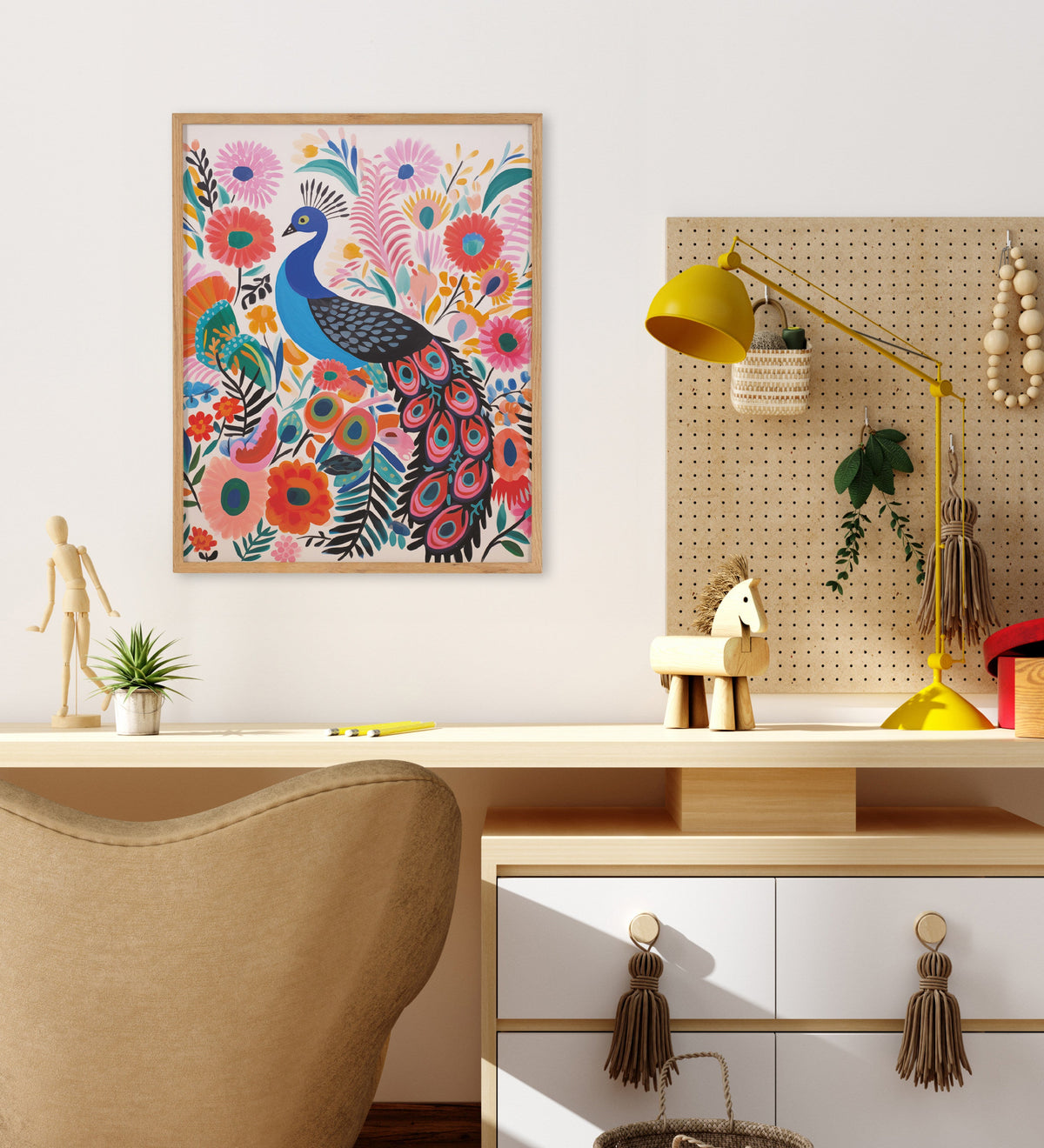 Bright and colorful boho print of a peacock surrounded by pink, orange, and blue flowers, hanging above a wooden desk with a yellow lamp and decorative items.