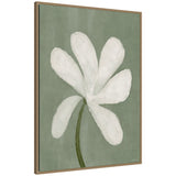Framed canvas wall art featuring a single white floral with six petals on a muted green background, signed by Gabrielly Guedes.