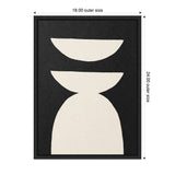 Black framed canvas with three off-white geometric shapes stacked vertically on a textured black background, forming an abstract, balanced composition.