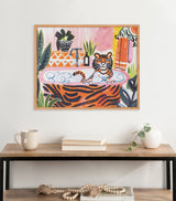 Colorful print showing a striped tiger relaxing in a bubble bath with leafy plants and towels in a bold, maximalist style.