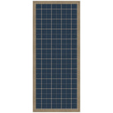 Tall rectangular pinboard with navy blue fabric displaying a beige grid pattern, framed in light natural wood, shown straight-on.