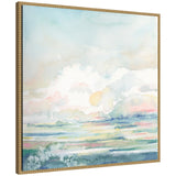 Soft pastel watercolor landscape with light blue sky, white clouds, and subtle pink and yellow highlights over abstract green and blue terrain in a wooden frame