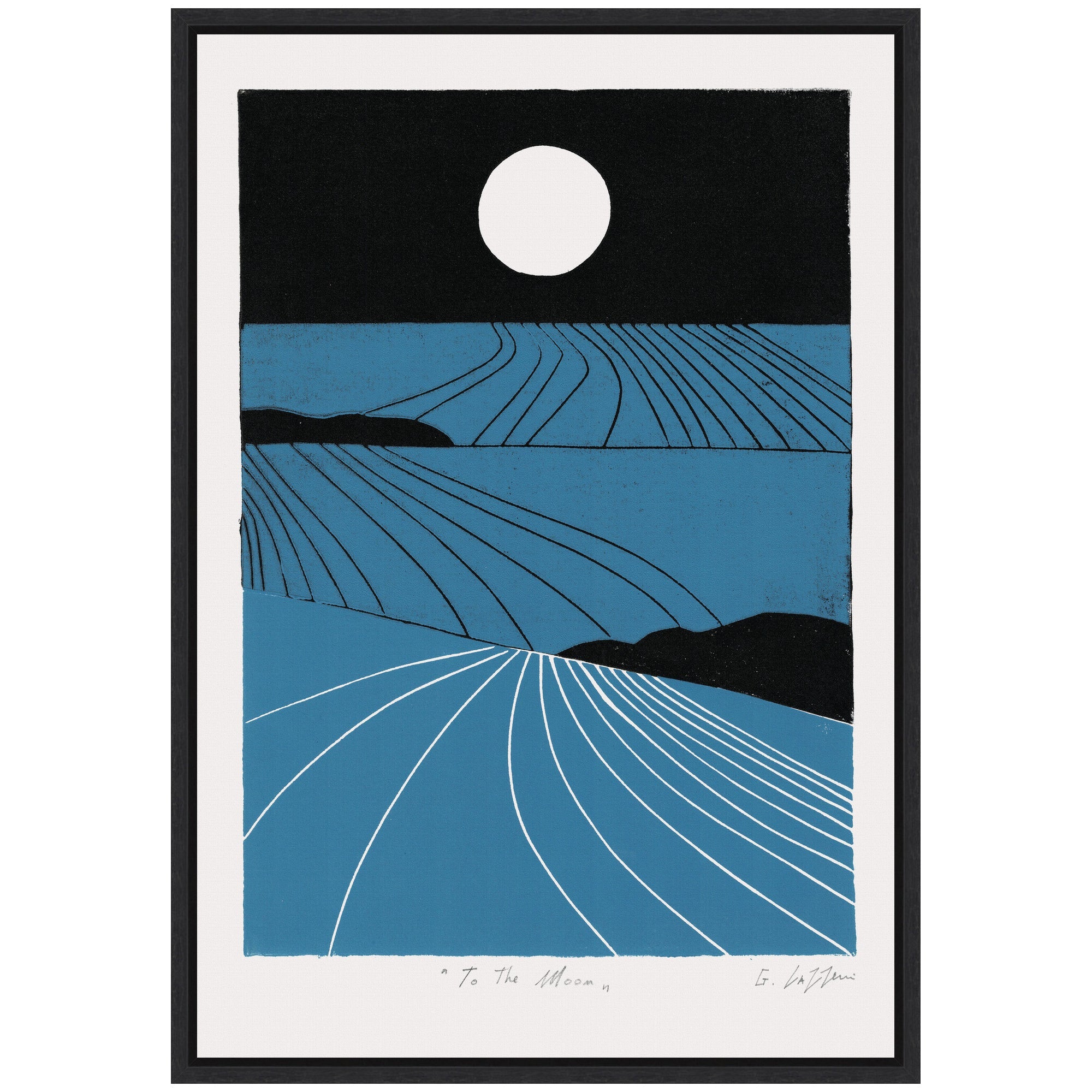 Sylvie Folk To The Moon Linocut Framed Canvas by Giuliana Lazzerini