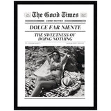 Black-and-white styled newspaper front page titled 'The Good Times' with headline 'Dolce Far Niente' and photo of woman in vintage swimsuit lounging on blanket with sunhat nearby.