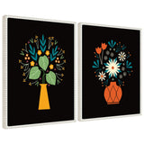 Abstract framed canvas art set depicting yellow and red floral vases with vintage beaded frame