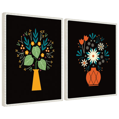 Abstract framed canvas art set depicting yellow and red floral vases with vintage beaded frame