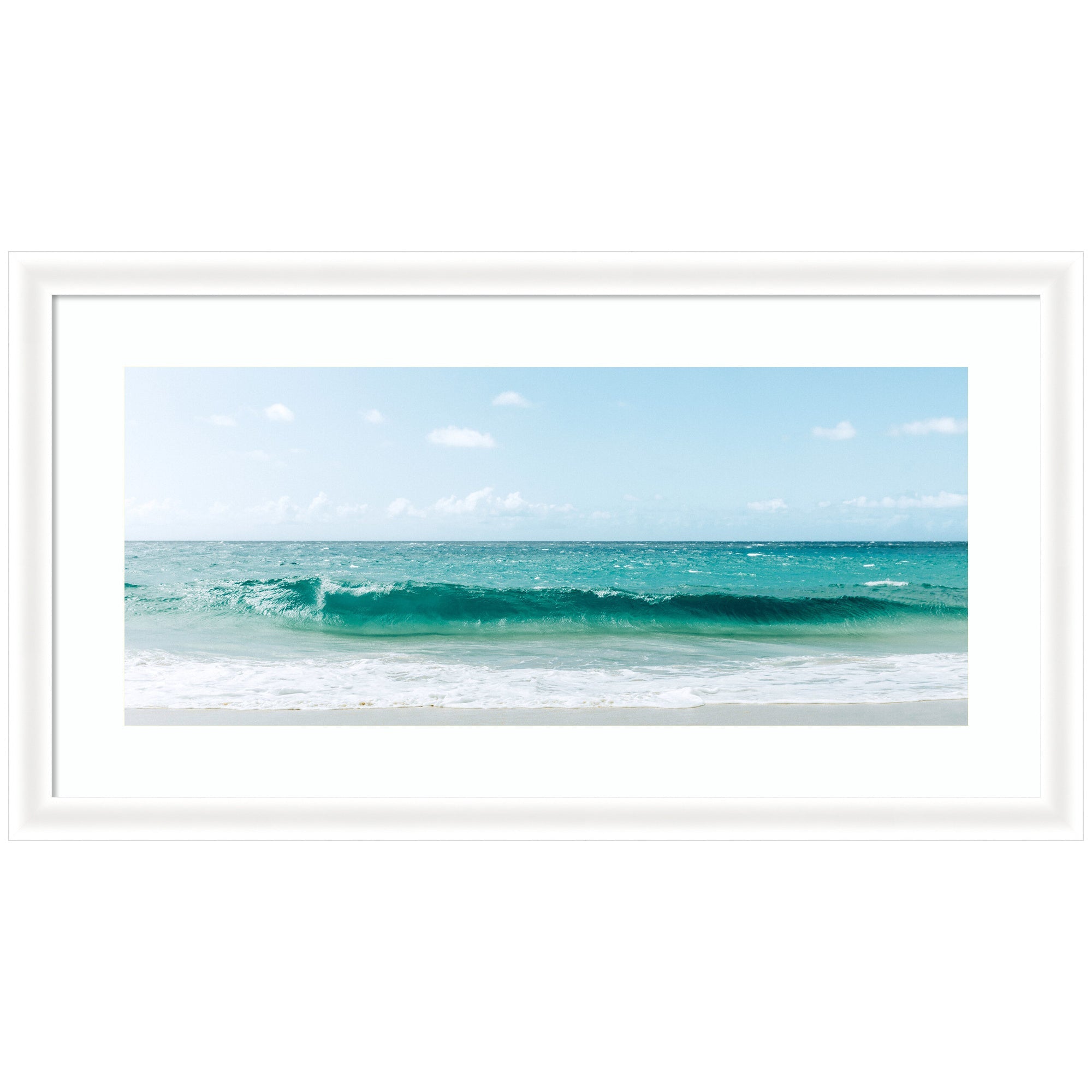 Framed art print titled Beach Ocean Day over Blue Clear Waters showing turquoise waves and beach with white clouds