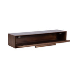 Dark wood rectangular floating console table with a hinged front panel that folds down to reveal an open storage compartment inside.