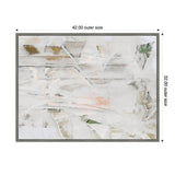 Abstract framed canvas featuring light gray and white brushstrokes with hints of green and gold, showcasing a soft, layered texture in a 42x32 inch format.