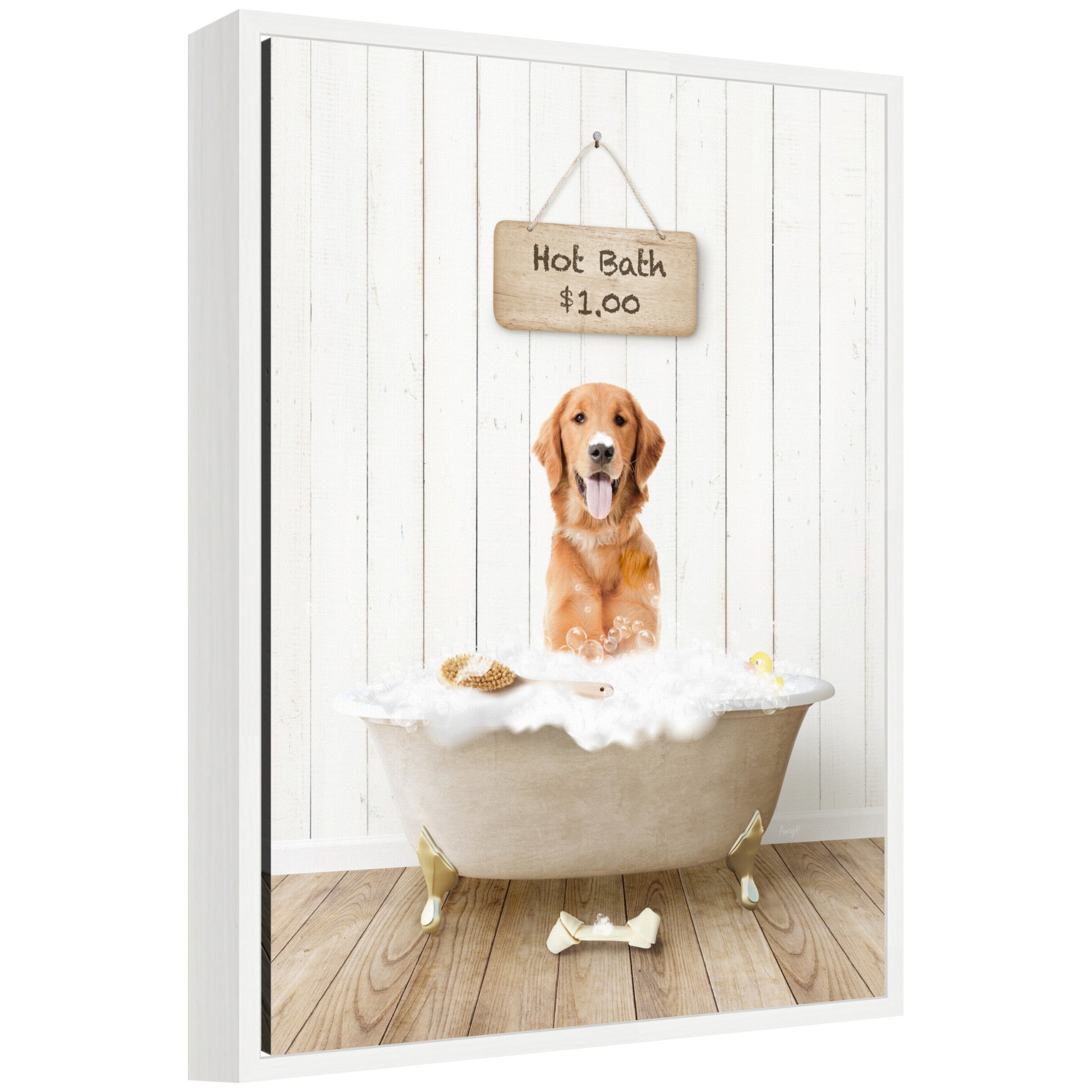 Framed canvas art of golden retriever named Sylvie in farmhouse hot bath