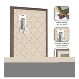 Beige pinboard with a green lattice pattern and dark brown wood frame, showing two pinned black-and-white photographs, with inset images highlighting frame options and canvas texture.