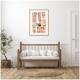 Wood-framed art print of various vintage pink matchbox designs hung on a white wall above a wooden bench with white cushions, flanked by plants and lanterns on a wooden floor.