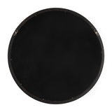 Back of a large round wall mirror with a black frame and two metal hanging brackets on opposite sides against a white background.