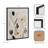 Muted floral print with beige, black, and gold flowers and leaves in a black natural oak wood frame with minimalist profile and sawtooth hangers.