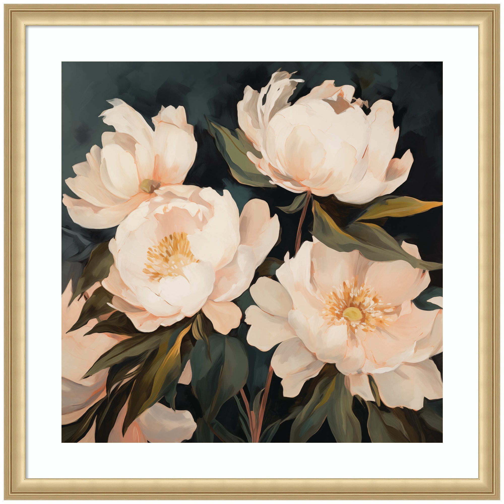 Framed print of floral bouquet with white and peach peonies against a dark background in Florence Gold frame