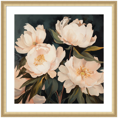 Framed print of floral bouquet with white and peach peonies against a dark background in Florence Gold frame