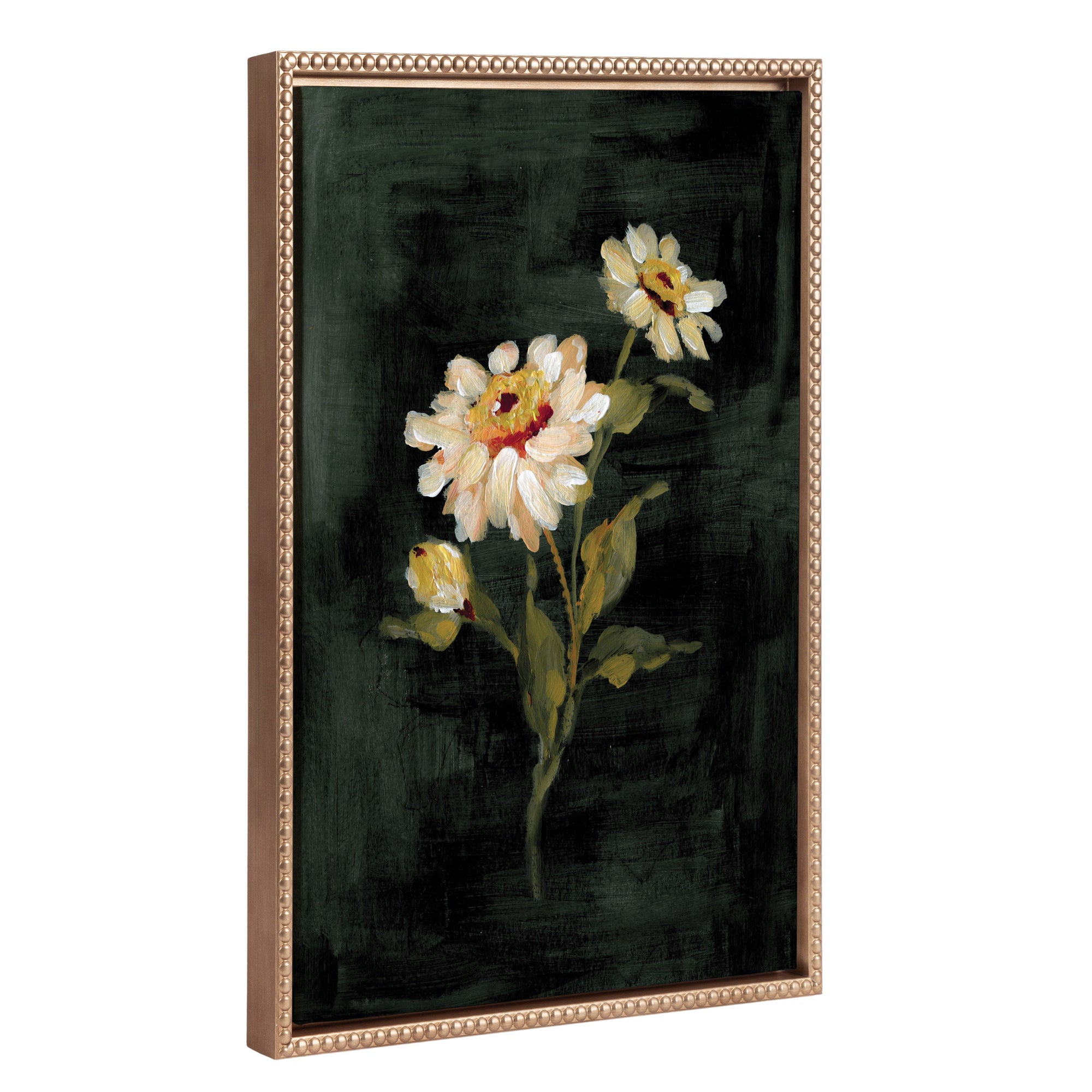 Sylvie Beaded White Zinnia framed canvas artwork showing soft white zinnia flowers with vintage beaded frame
