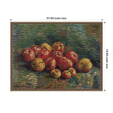 Impressionist painting of red and yellow apples resting on textured green and blue surface, featuring bold brushstrokes and swirling patterns by Vincent van Gogh, 1887.