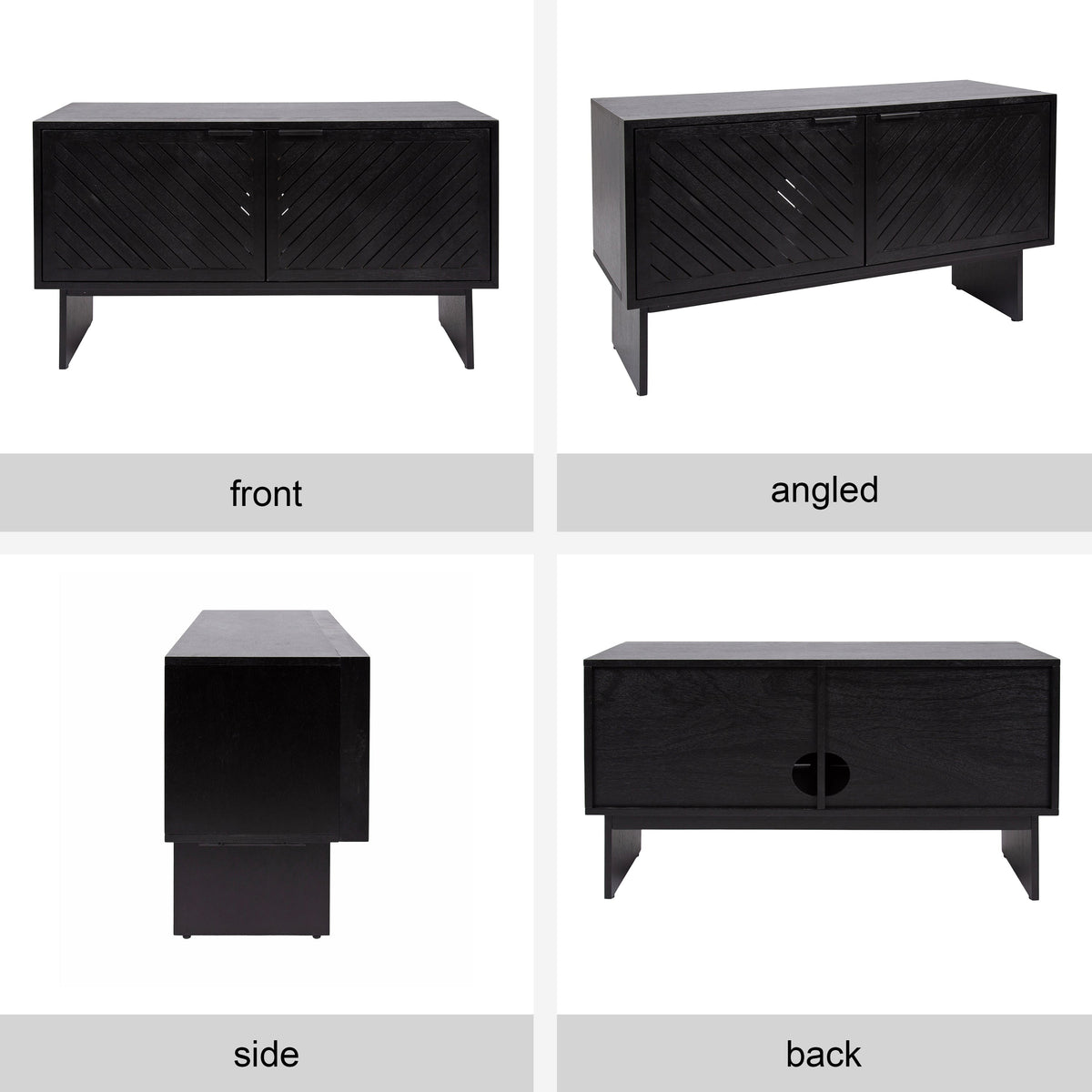 Black wooden TV stand with two doors featuring diagonal slat patterns, shown from front, angled, side, and back views on white background.