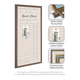 Rectangular pinboard designed like a vintage guest check with brown wooden frame and linen-textured canvas, shown holding two black-and-white photos with a pushpin.