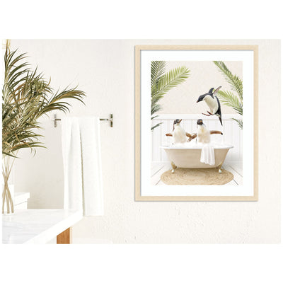 Penguins in Palms Bath by Amy Peterson Framed Wall Art Print