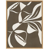 Abstract brown and cream canvas artwork with curving, overlapping floral shapes and scalloped edges, framed in a simple light wood frame.