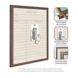 Framed linen pinboard designed as a vintage library card with sections for author, title, due date, and borrower's name, shown with pinned black and white photos.