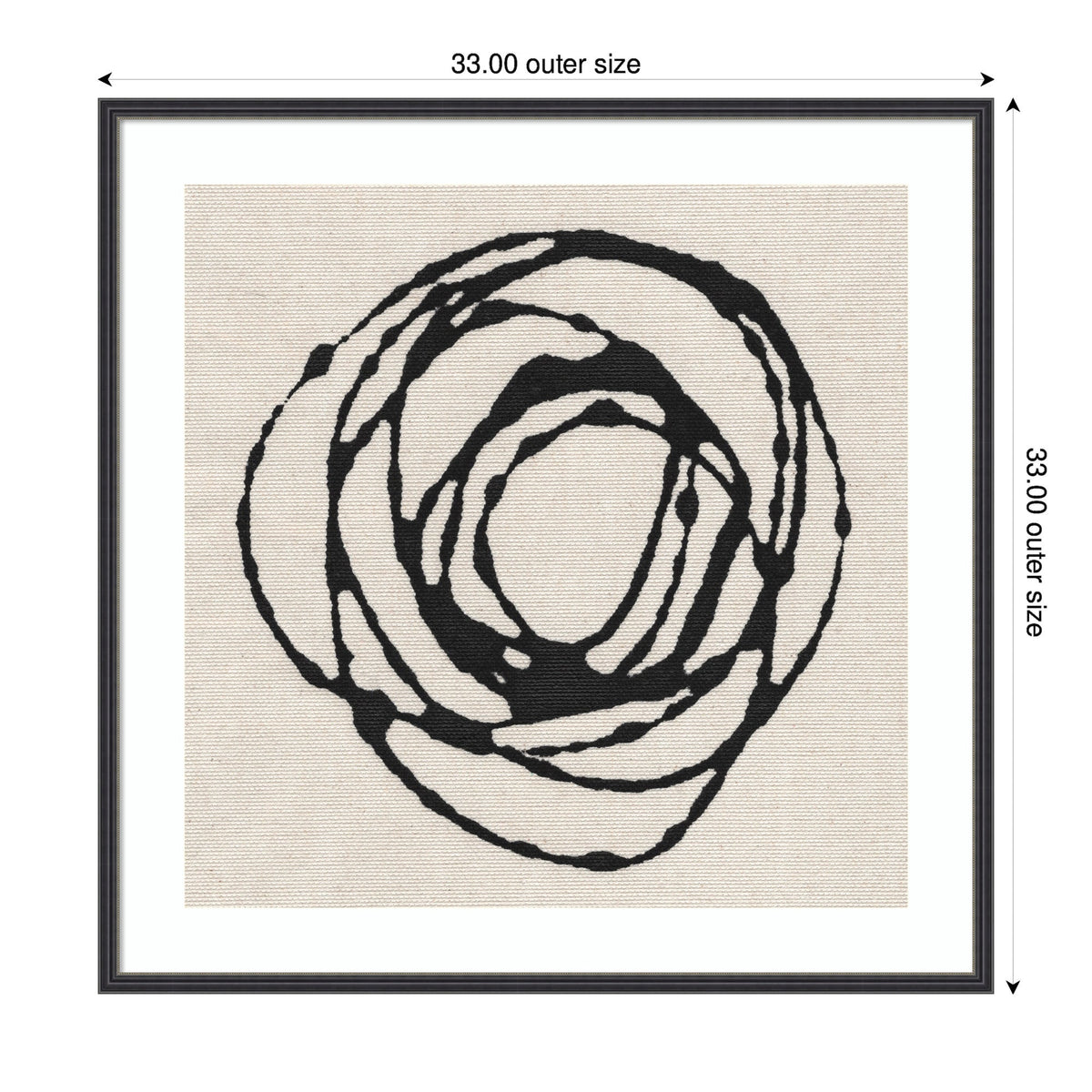 Abstract black circular swirling lines on a beige textured background, framed in a 33x33 inch black square frame with white matting.