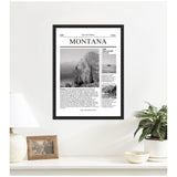 Black-framed Montana-themed print featuring black and white mountain landscape photos and text on a white wall above a white surface with a plant, lamp, and photo frame.