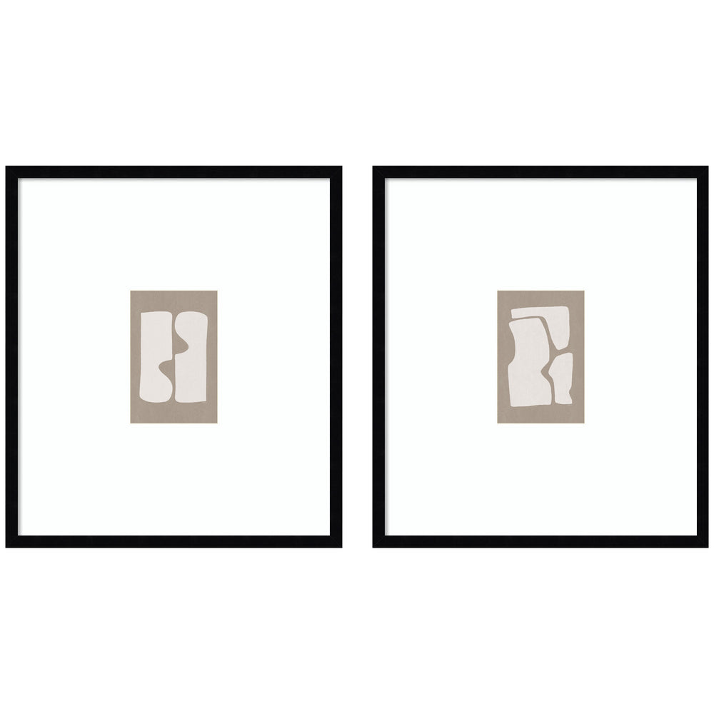 Two framed wall art prints titled Organic Figures 01 & 02 by Gabrielly Guedes in svelte noir black frames displayed side by side