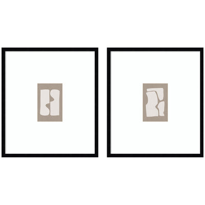 Two framed wall art prints titled Organic Figures 01 & 02 by Gabrielly Guedes in svelte noir black frames displayed side by side