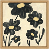Painting of five black flowers with pale yellow centers on simple green stems, arranged against a cream background and framed in light wood.