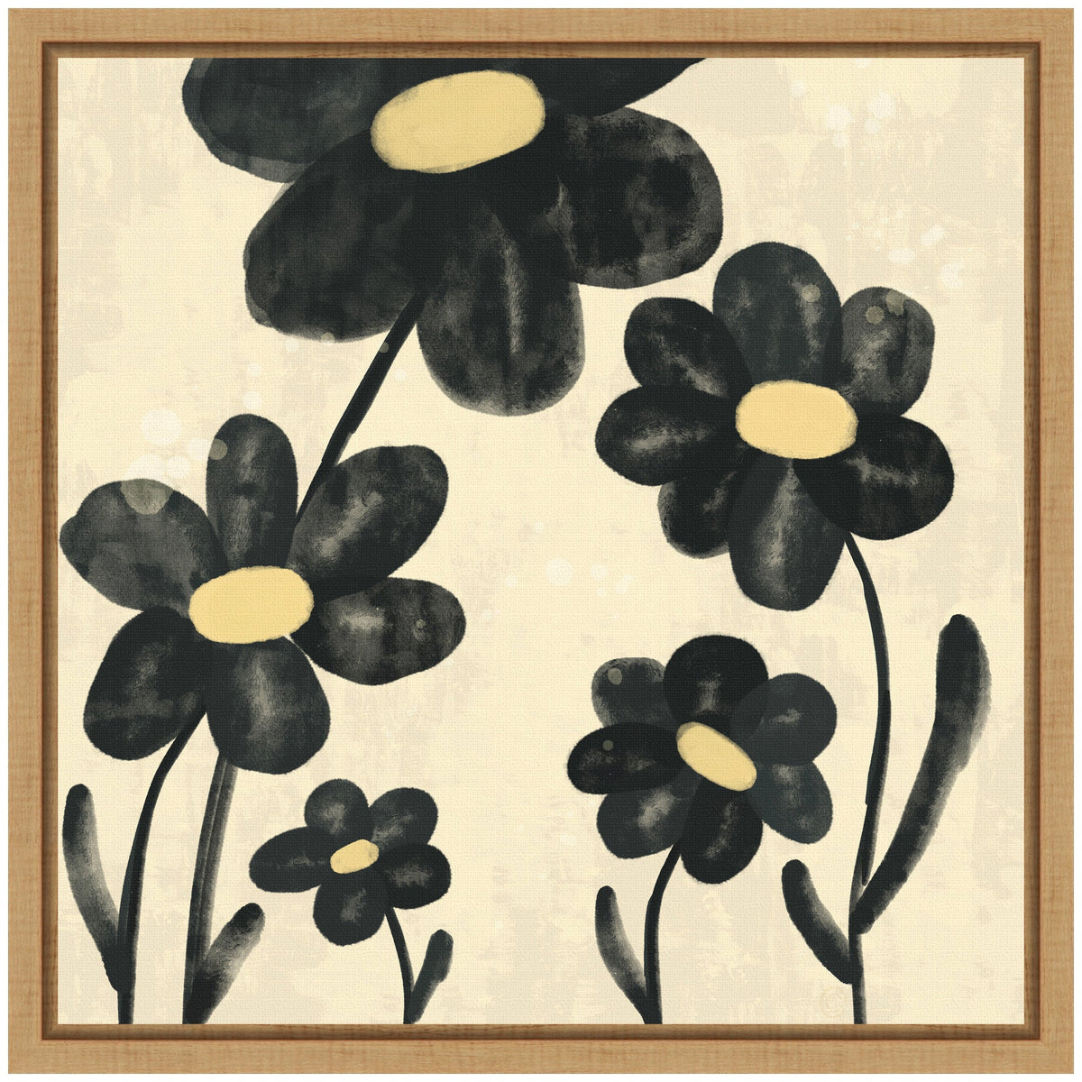 Painting of five black flowers with pale yellow centers on simple green stems, arranged against a cream background and framed in light wood.