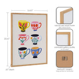 Framed print featuring six colorful illustrated tea cups with various botanical patterns arranged in two vertical columns on a white background.